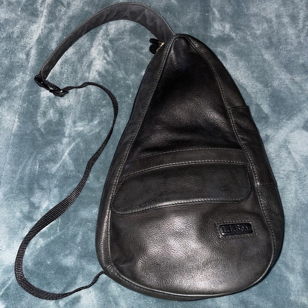 LL Bean AMERIBAG Healthy Back Blk Leather Sling Crossbody Bag EUC! Sz LARGE